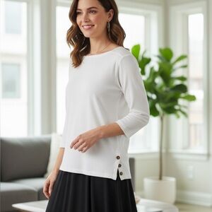 Chico's White 3/4 Sleeve Top with Button Accents Basic Capsule Layer Preppy M